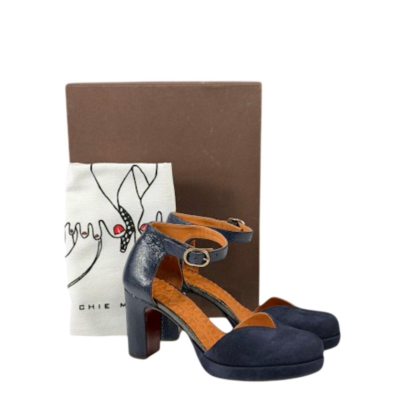 CHIE MIHARA Jo Maho Navy Blue Suded & Leather Block Heel Mary Jane Pumps UK 3 EU 36