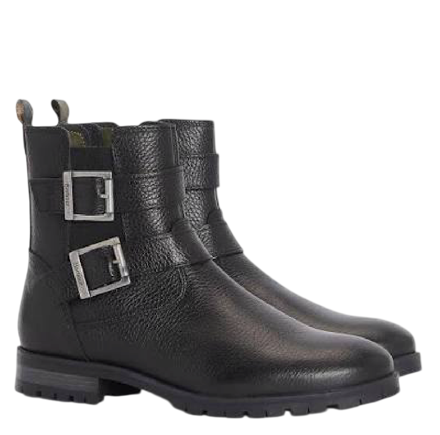 BARBOUR Black / Antique Silver Pebbled Leather Double Buckle Ankle Boots UK 3 EU 36