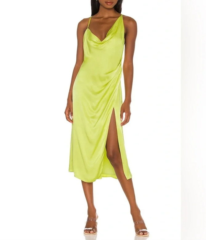 NBD Lime Yellow Satin Draped Midi Dress UK XS