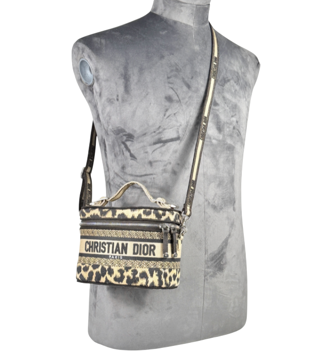 DIOR Beige Mizza Embroidered Canvas Travel Vanity Bag In Leopard Print