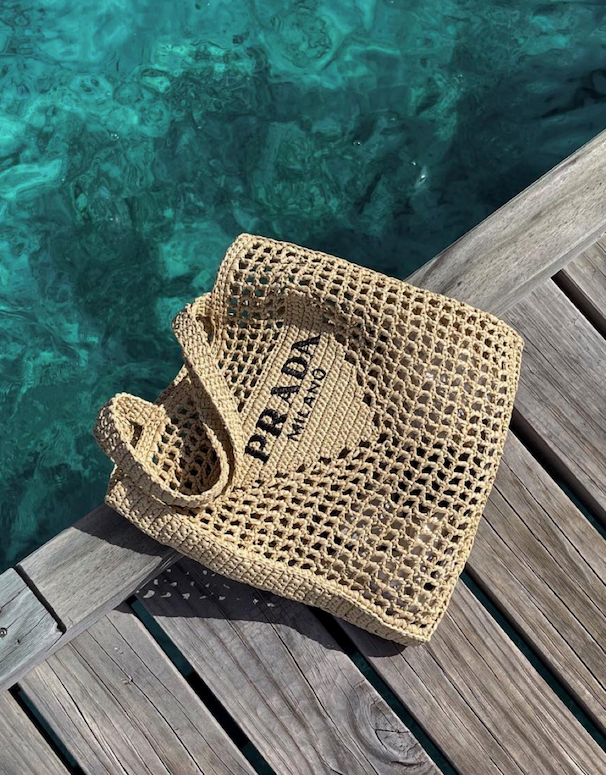 PRADA Beige Small Logo Raffia Tote Bag