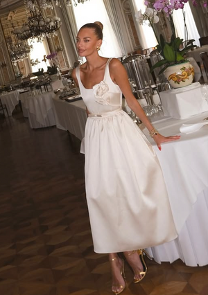 SELF PORTRAIT Cream Bridal Floral-appliqué Satin Midi Dress UK 4