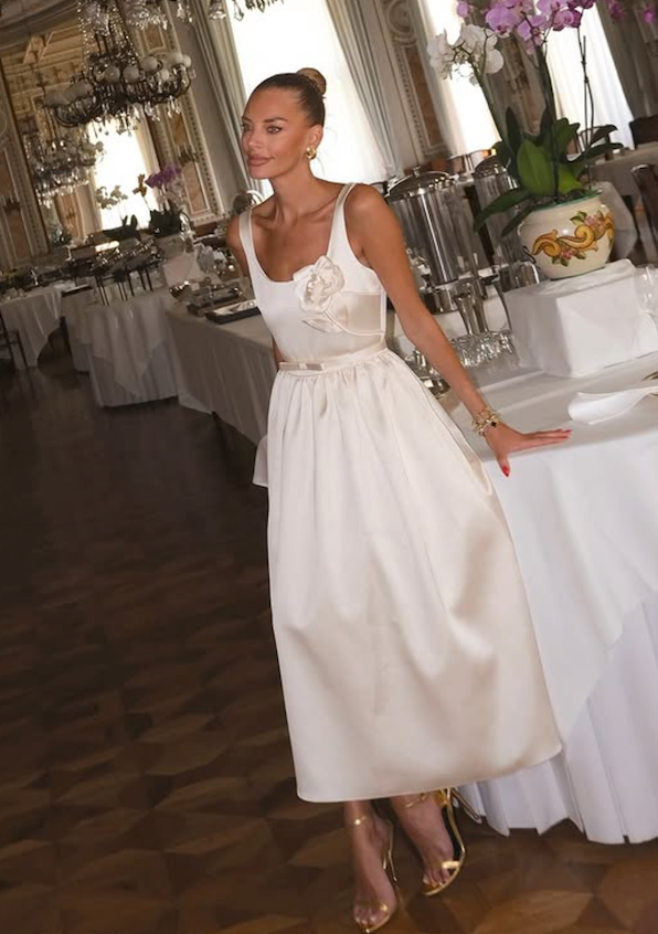 SELF PORTRAIT Cream Bridal Floral-appliqué Satin Midi Dress UK 4