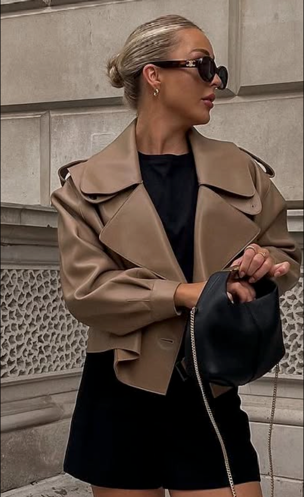 JANE & TASH Taupe Beige Oversize Leather Crop Jacket UK S