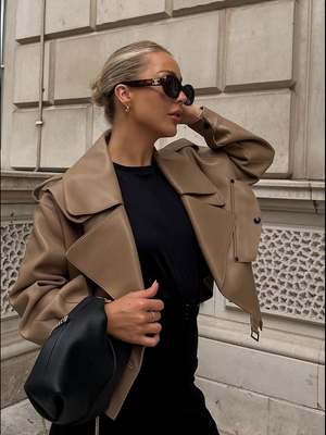 JANE & TASH Taupe Beige Oversize Leather Crop Jacket UK S