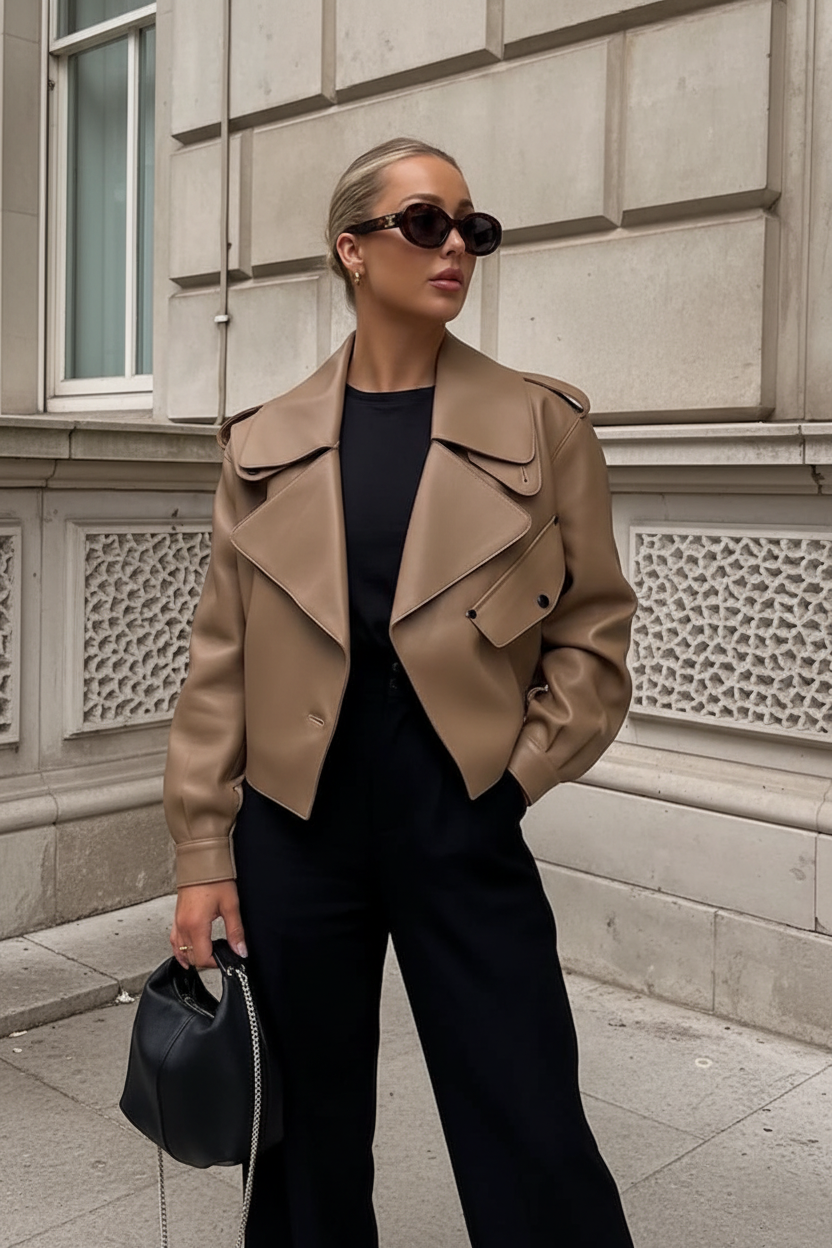 JANE & TASH Taupe Beige Oversize Leather Crop Jacket UK S