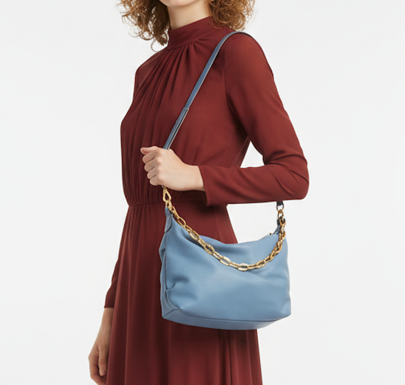 JIMMY CHOO Smokey Blue  Soft Calf Leather Hobo Bag with Gold Chunky Chain & Leather Straps
