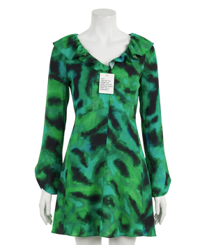 Topshop Abstract Print Ruffle Neck Mini Dress Green UK 6