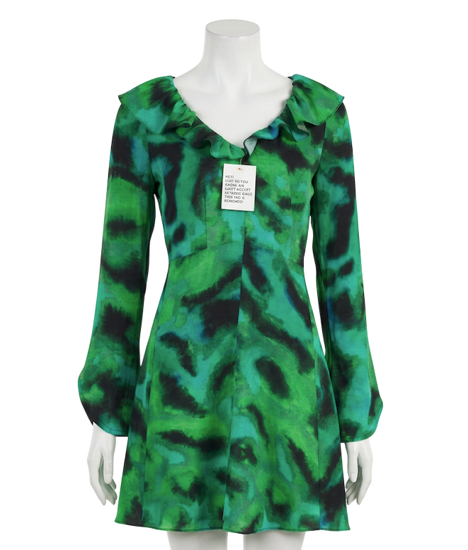 Topshop Abstract Print Ruffle Neck Mini Dress Green UK 6