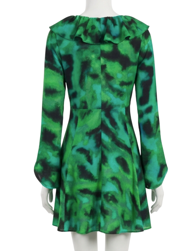 Topshop Abstract Print Ruffle Neck Mini Dress Green UK 6