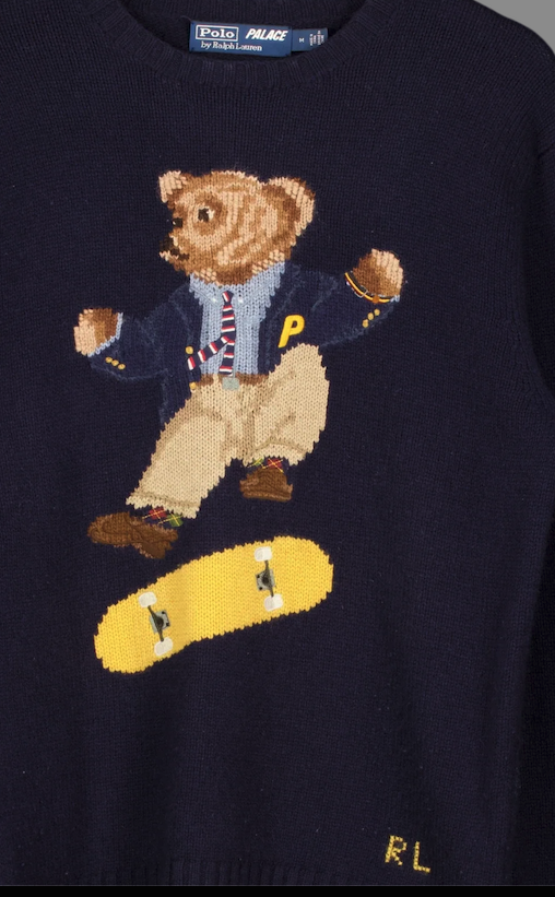 Palace x Polo Ralph Lauren Navy Blue 100% Wool Skate Polo Bear Sweater UK M