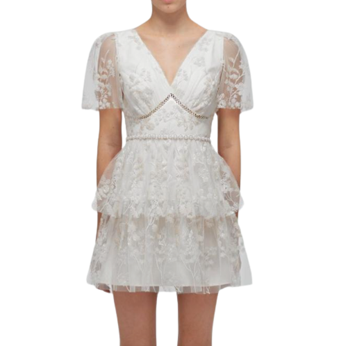 Self-Portrait White Ivory Blossom Pearl  Trim Lace Mini Dress UK 8