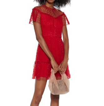 Monique Lhuillier Red heart Embroidered Tulle Mini Dress UK 8/10
