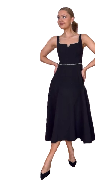 Fabrique Black Diamanté Trim Midi Dress UK S