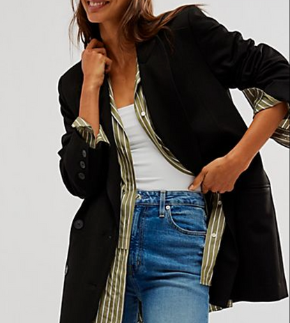 Free People Premium Black Maxima Relaxed Longline Blazer Jacket UK L