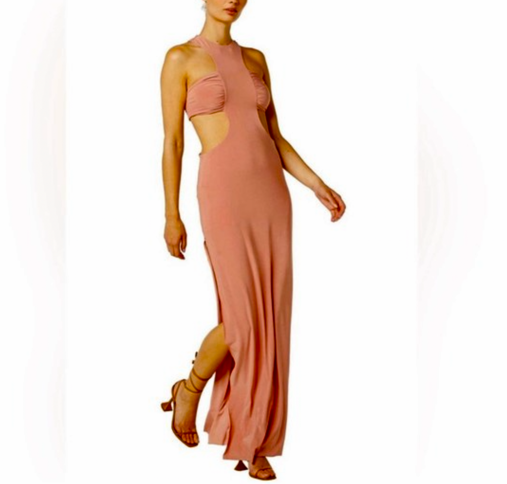 MISA Los Angeles Lyra‎ Cut Out Jersey Knit Maxi Dress in Dusty Rose Pink UK S