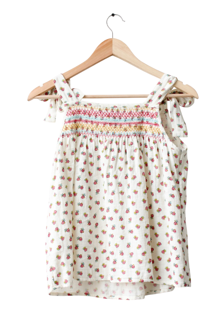 Wyse London White Tie Shoulder Floral smockedTop UK 8