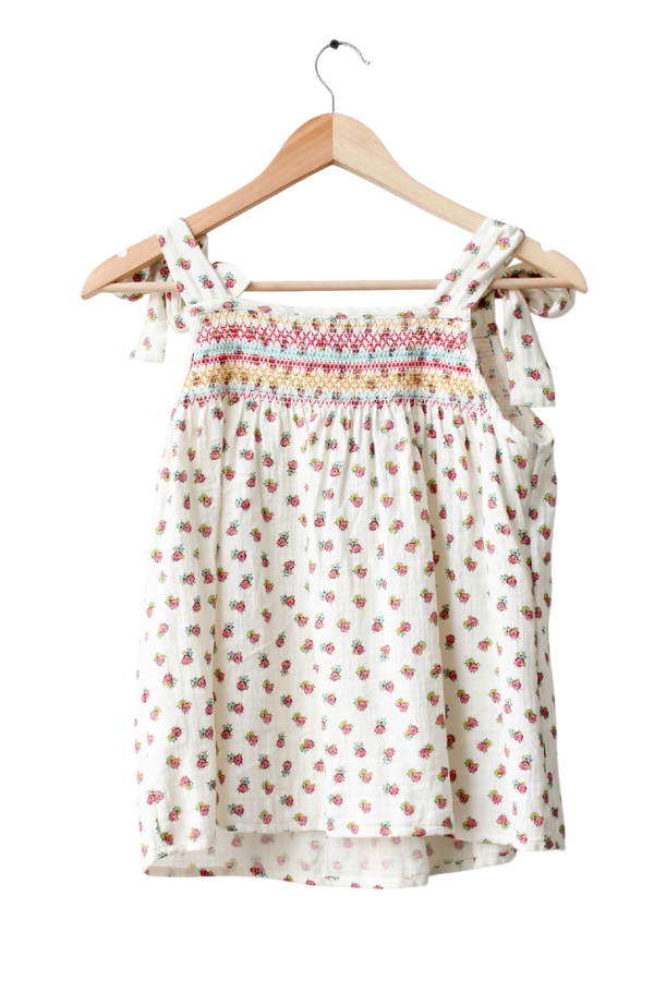 Wyse London White Tie Shoulder Floral smockedTop UK 8