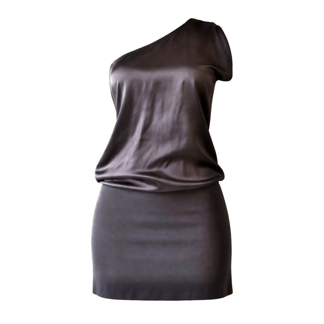 THEORY Chocolate brown one-shoulder drapey mini dress UK 10