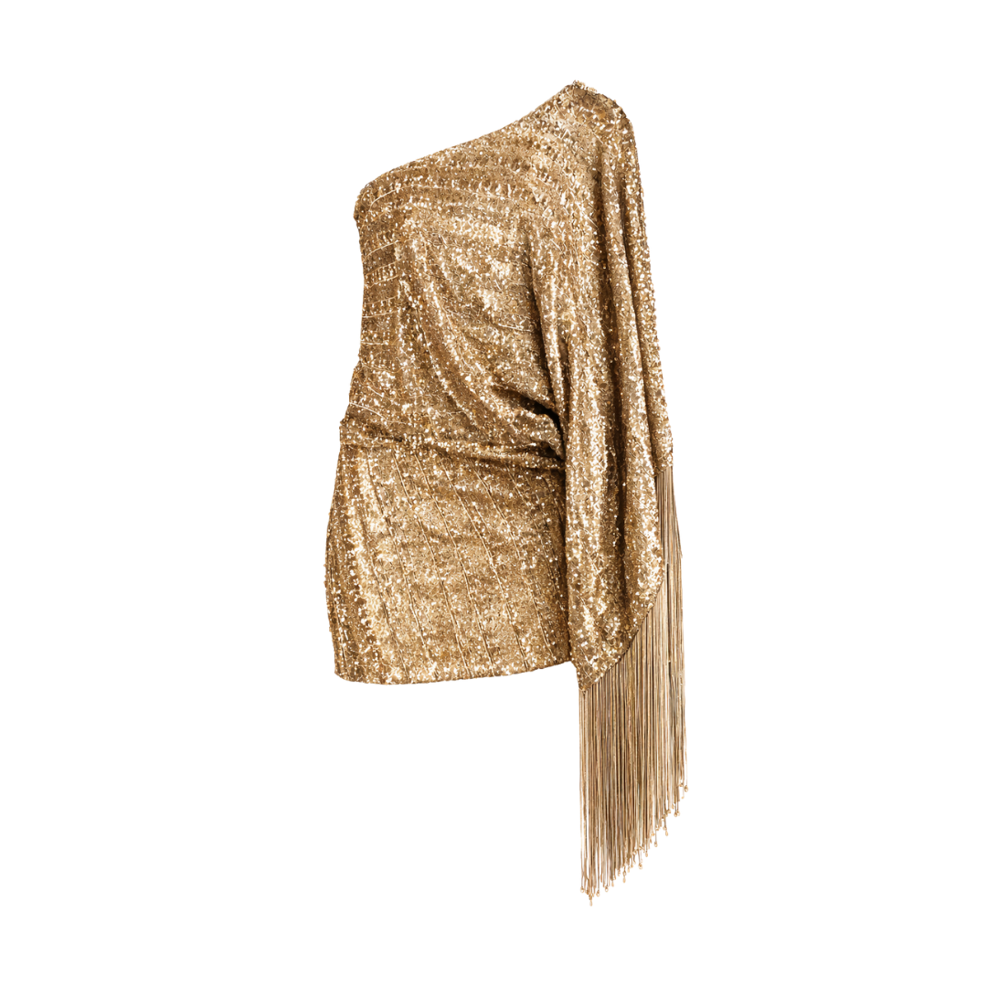 Taller Marmo Metallic Eternity One Sleeve Fringed Sequined Satin Mini Dress UK 8