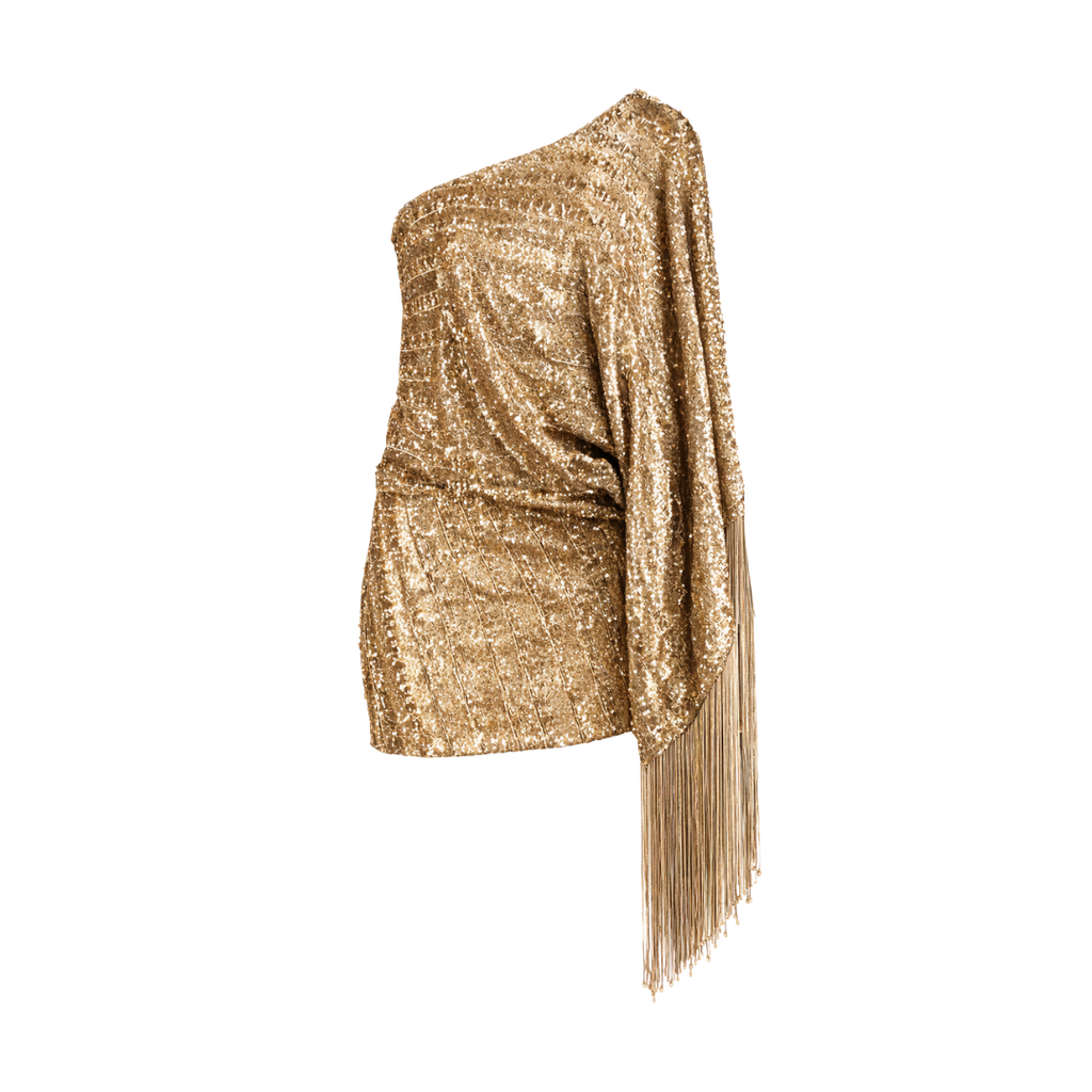 Taller Marmo Metallic Eternity One Sleeve Fringed Sequined Satin Mini Dress UK 8