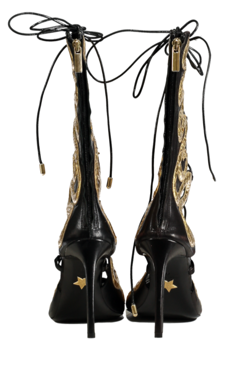 JF London Black Open Toe Lace-up Gold Detail Heels UK 6 EU 39 👠