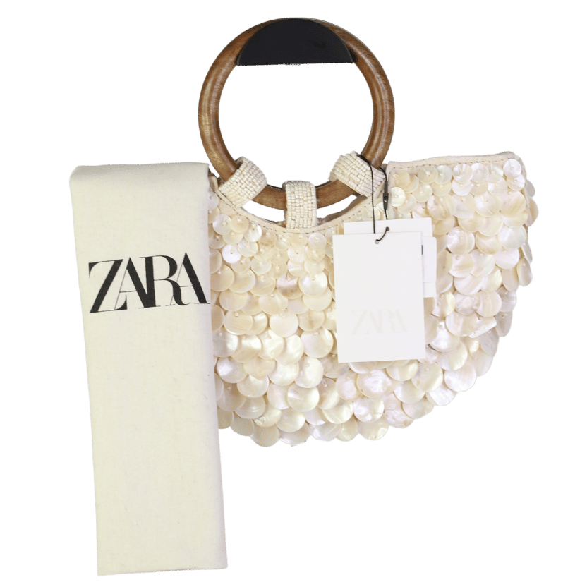 ZARA Cream Crteam Shell Embellished Bag With Wooden Handles And Gold Chain Strap One Size