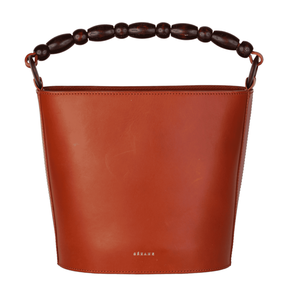Sezane Tan Brown Leather Mona Bag With Beaded Top Handle And Leather Crossbody Strap