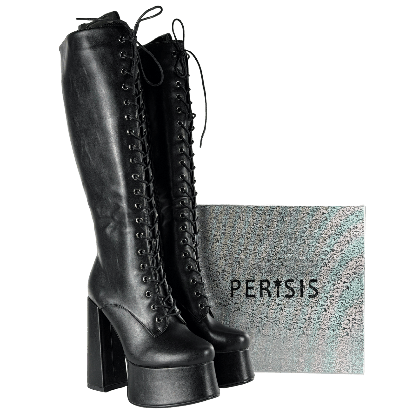 Perisis Black Chunky Heel Platform Knee High Lace Up Boots UK 5 EU 38 👠