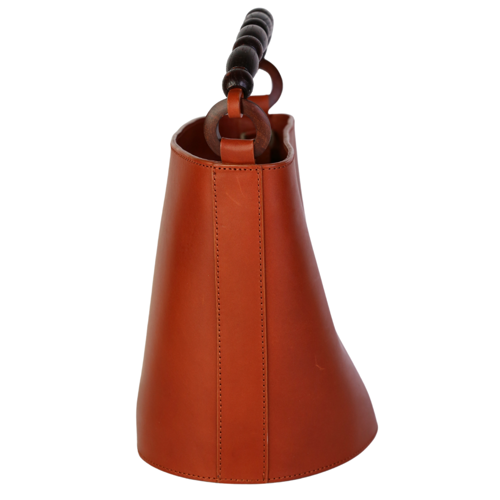 Sezane Tan Brown Leather Mona Bag With Beaded Top Handle And Leather Crossbody Strap