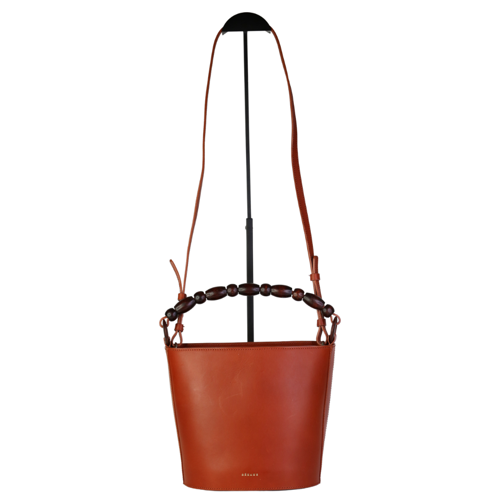 Sezane Tan Brown Leather Mona Bag With Beaded Top Handle And Leather Crossbody Strap