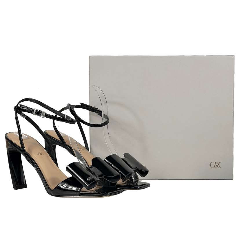 Charles & Keith Black Patent Leather Bow Heeled Sandals UK 6 EU 39 👠