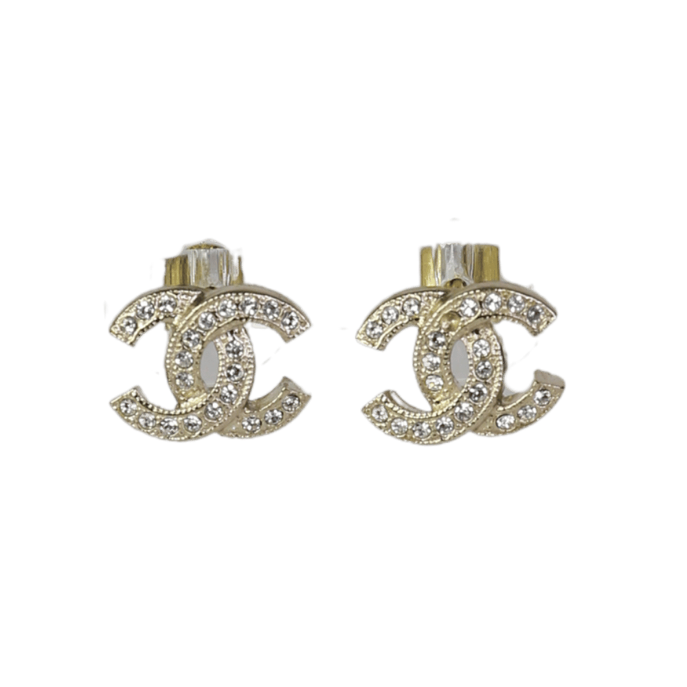 Chanel Yellow Gold / Crystal  "CC" Stud Earrings