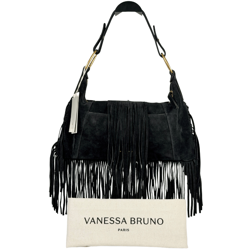 VANESSA BRUNO Black Epaule Fringed Suede Removable Strap Shoulder Bag One Size