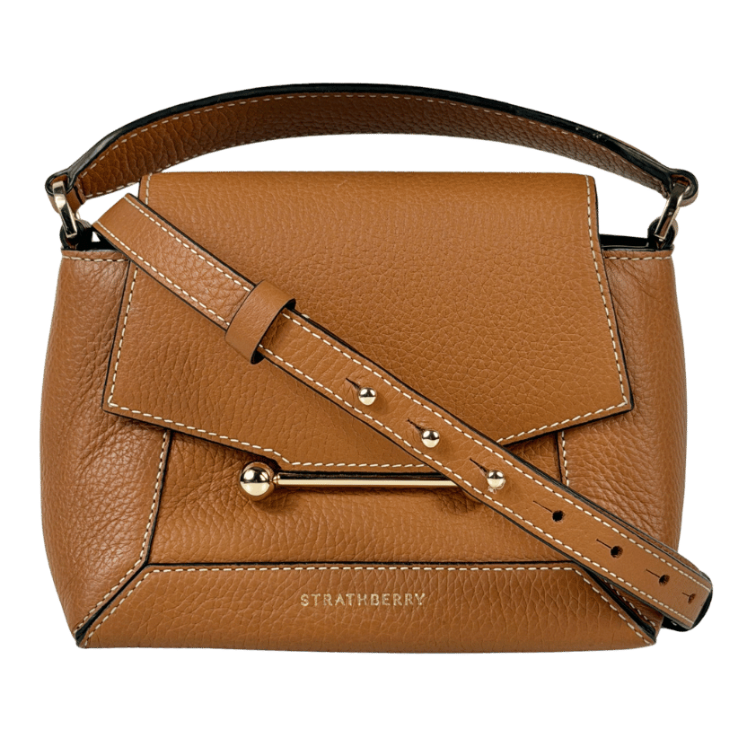 STRATHBERRY Tan Brown / Gold Hardware 100% Pebbled Leather Mosaic Nano Top Handle Bag