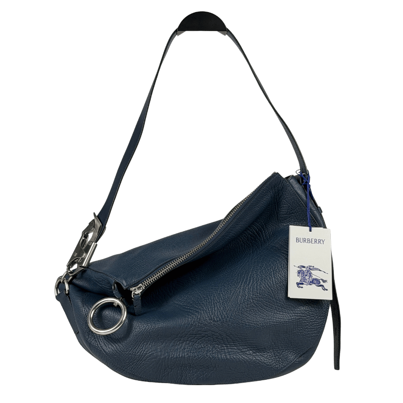 BURBERRY Dark Blue Medium Pebbled Knight Leather Shoulder Bag