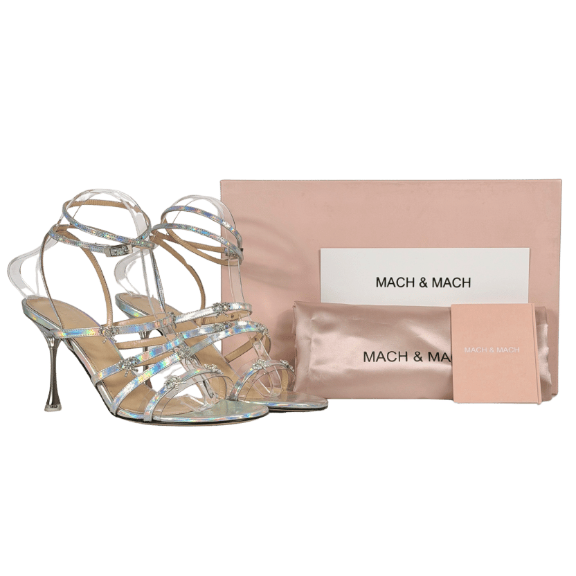 MACH & MACH Metallic Silver Iridescent Leather Crystal Bow Sandals UK 6 EU 39
