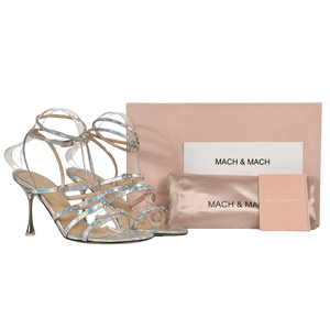 MACH & MACH Metallic Silver Iridescent Leather Crystal Bow Sandals UK 6 EU 39