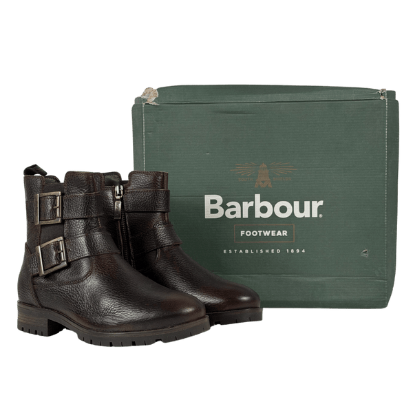BARBOUR Brown / Antique Brass Pebbled Leather Double Buckle Ankle Boots UK 3 EU 36