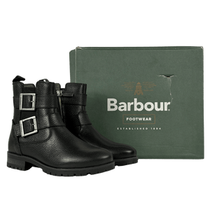 BARBOUR Black / Antique Silver Pebbled Leather Double Buckle Ankle Boots UK 3 EU 36