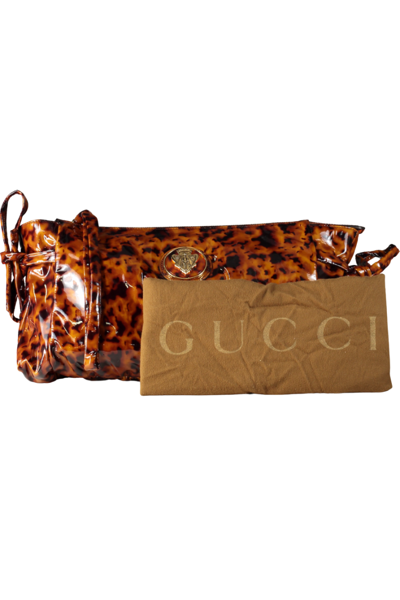 GUCCI Tortoise Shell Hysteria Patent Hobo Oversized Clutch Bag