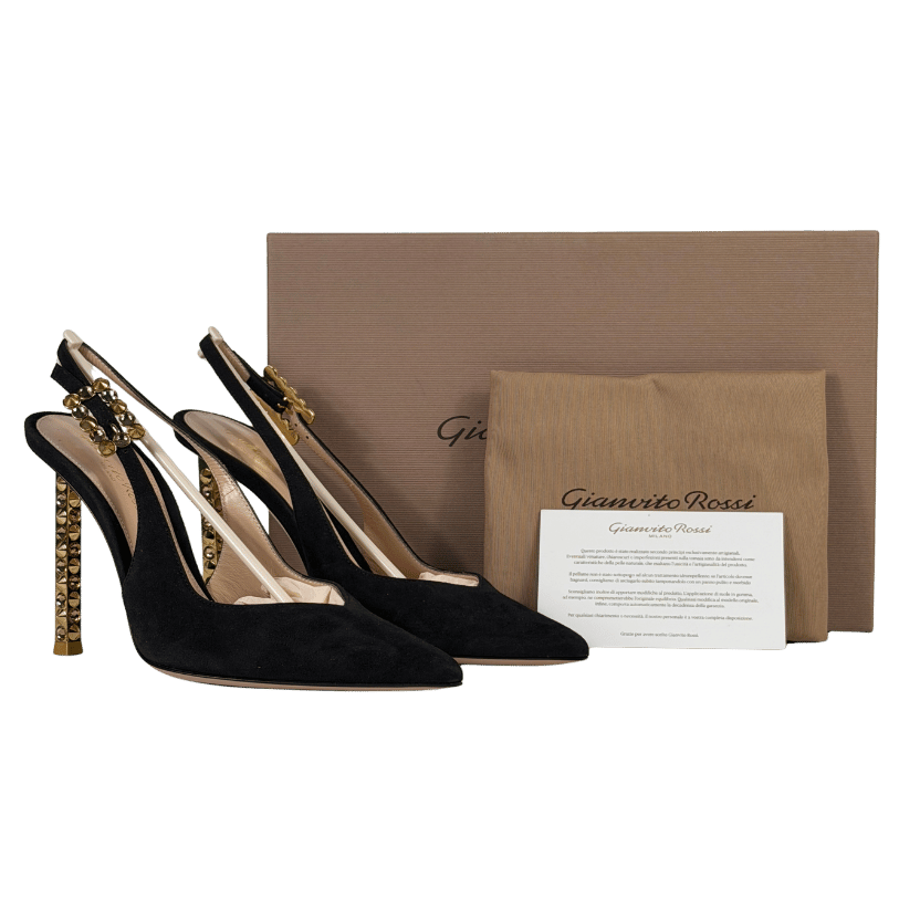GIANVITO ROSSI Black Suede Leather & Gold Crystal Embellished 110mm Slingback Pumps UK 4 EU 37