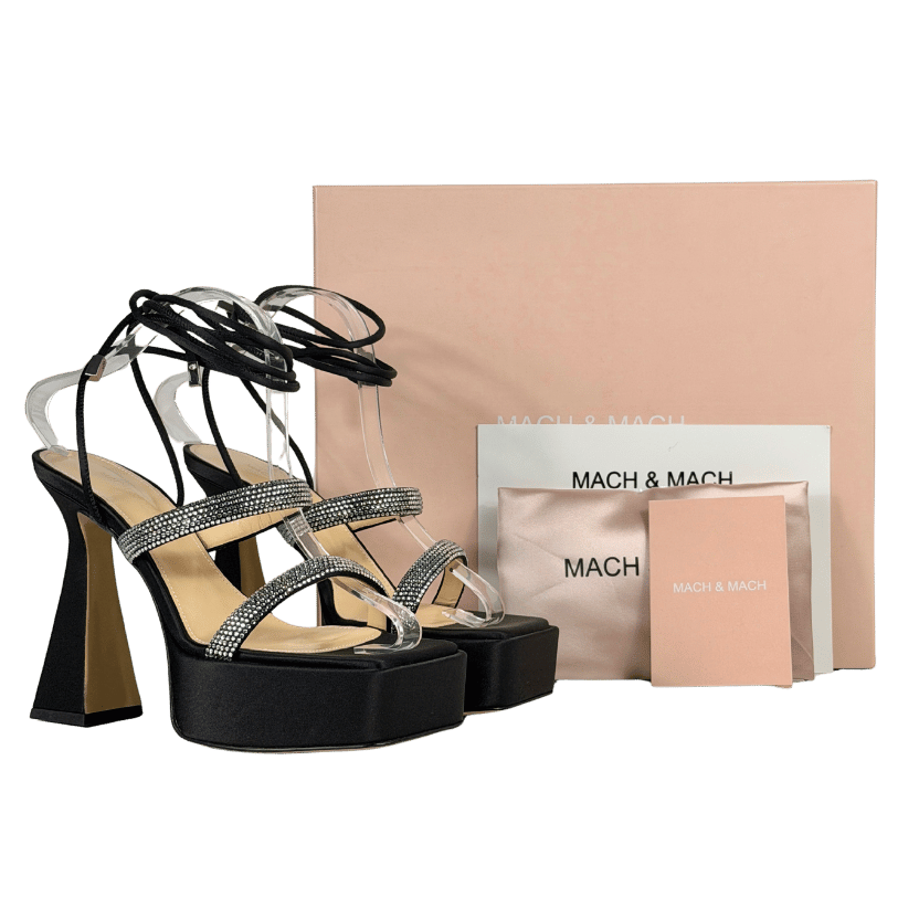 MACH & MACH Black Devon Crystal-embellished Satin Platform Sandals UK 5 EU 38