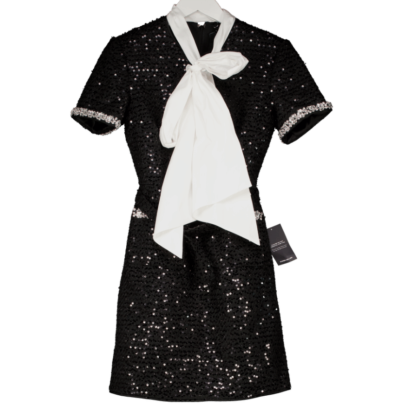 Karen Millen Black Tailored Sequin Tweed Tie Bow Neck Embellished Mini Dress (bow Is Removable) UK 6