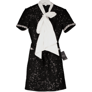 Karen Millen Black Tailored Sequin Tweed Tie Bow Neck Embellished Mini Dress (bow Is Removable) UK 6