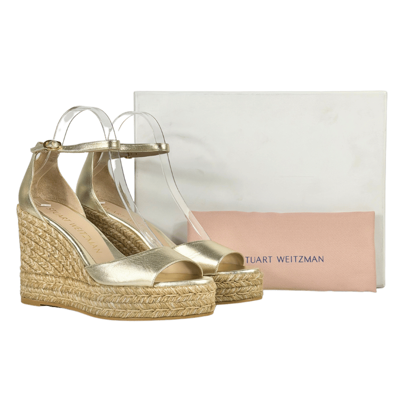 STUART WEITZMAN Metallic Gold Platform Wedge Espadrille Sandals UK 7.5 EU 40.5