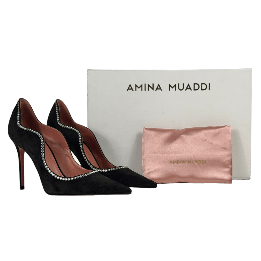 AMINA MUADDI Black Suede Crystal Embellished Romy Pointed-toe Shoes UK 3 EU 36