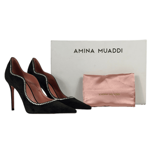 AMINA MUADDI Black Suede Crystal Embellished Romy Pointed-toe Shoes UK 3 EU 36