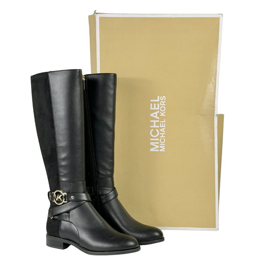MICHAEL KORS Black / Gold Logo Hardware Knee High Riding Boots UK 4 EU 37