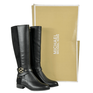 MICHAEL KORS Black / Gold Logo Hardware Knee High Riding Boots UK 4 EU 37